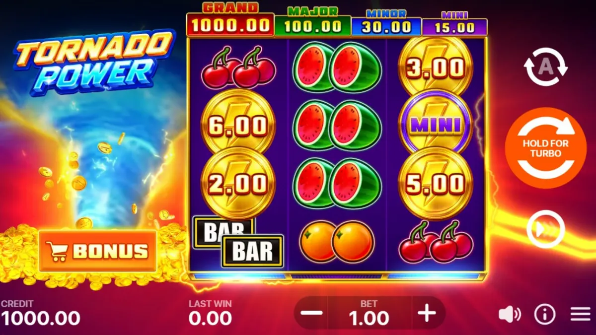 Tampilan visual slot Tornado Power: Hold and Win dengan tema buah dan kilat