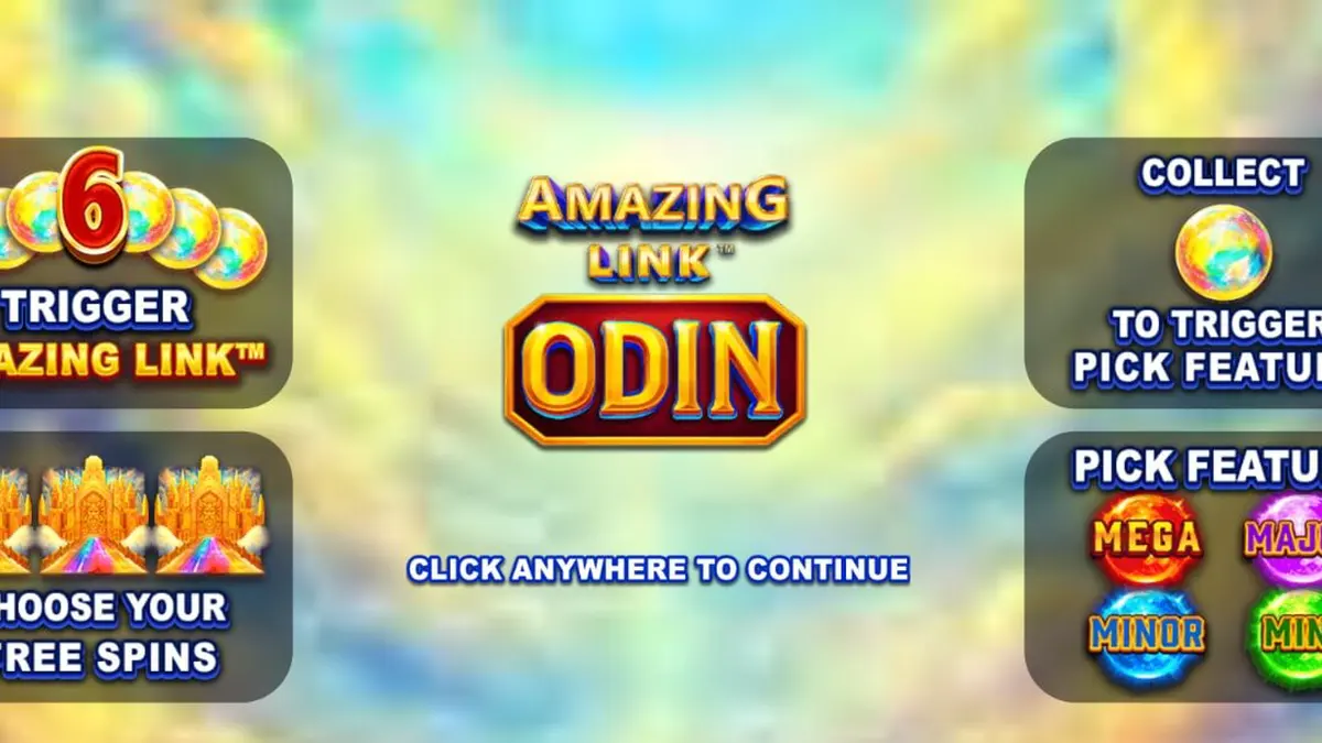 Tampilan layar permainan slot Amazing Link Odin dengan Odin di latar belakang dan gulungan yang menampilkan simbol-simbol Nordik.