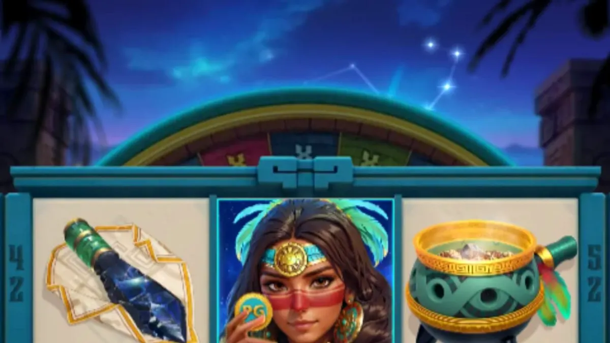 Tampilan visual slot Mayan Destiny dengan latar belakang kuil kuno dan pendeta Ixil.