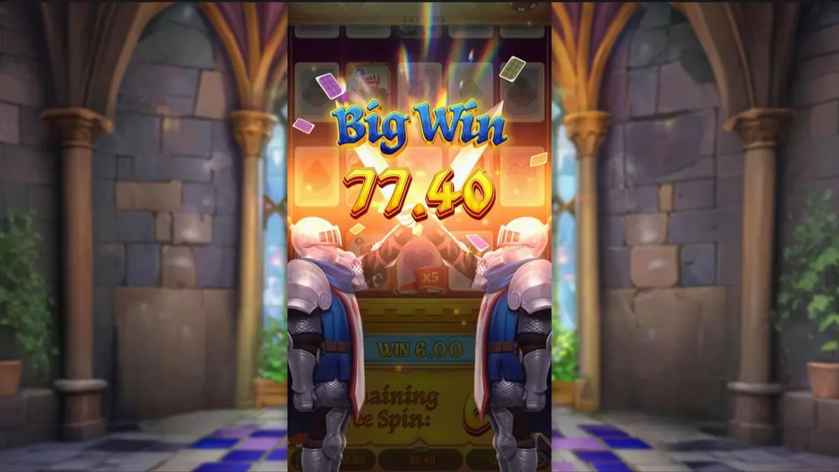 Tampilan visual slot Poker Kingdom Win dengan tema abad pertengahan dan simbol kartu.