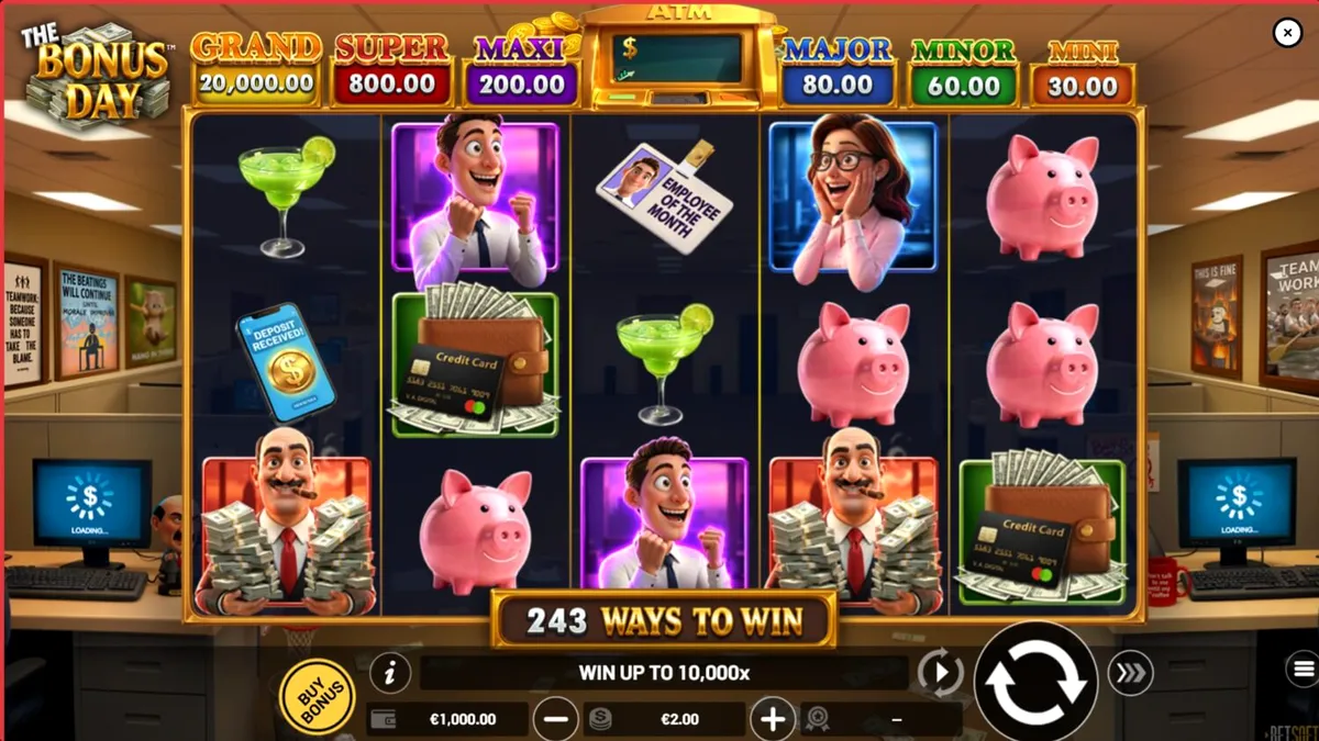 Tampilan visual slot The Bonus Day dengan tema kantor yang penuh warna