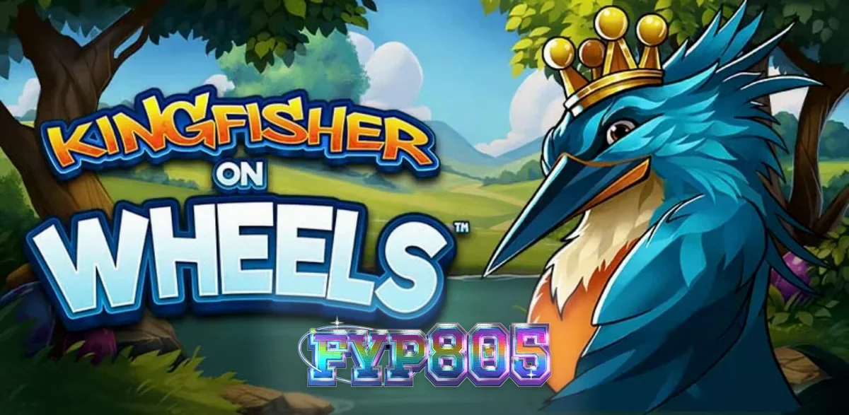 Tampilan visual slot Kingfisher on Wheels dengan latar sungai dan burung raja udang bermahkota
